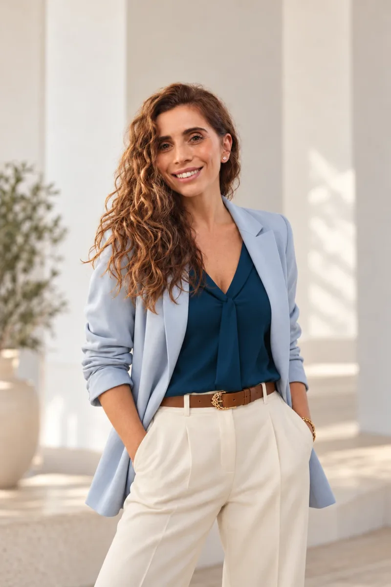 Lorena do Rosario, mentora para fundadores, sonriendo con blazer celeste