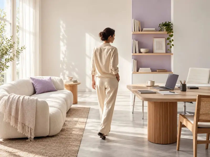 Mujer caminando por un espacio luminoso que integra living y escritorio de trabajo
